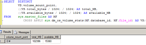 dm_os_volume_stats を使ったクエリーと実行結果