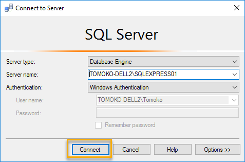 SQL Server Management Studio (SSMS) でデータベースに接続する 6