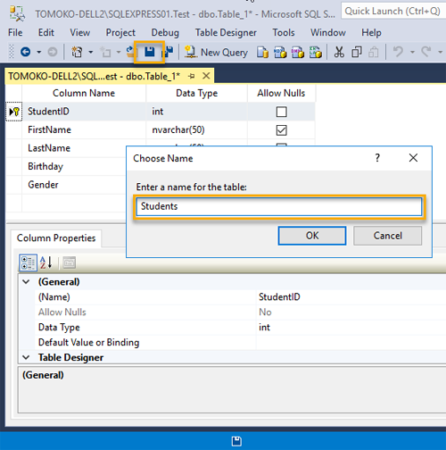 SQL Server Management Studio - テーブルを作成する 6