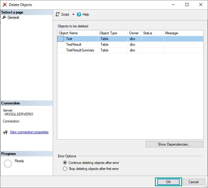 SQL Server Management Studio で複数のテーブルを一括削除する方法 6