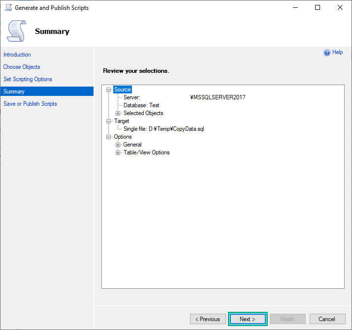 スクリプトを生成してテーブルのデータをコピーする方法 5