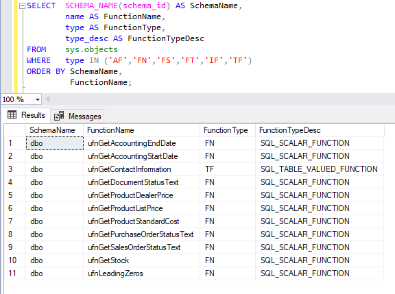 データベース内の全ユーザー定義関数を取得する 1
