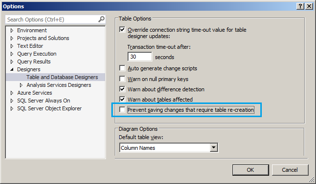 テーブルの再生成を必要とする変更を保存できない 3
