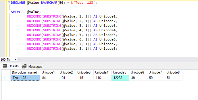 T-SQL で文字列内の各文字の UNICODE を調べる方法 1