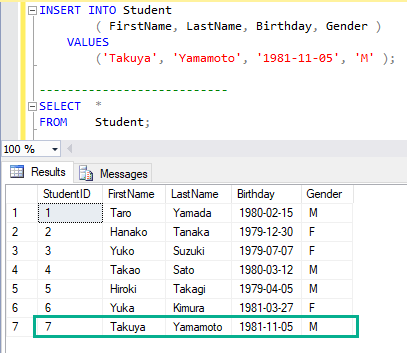 T-SQL でテーブルにデータを挿入 (INSRET) する 3