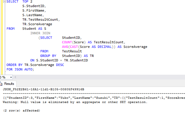 T-SQL でクエリの結果を JSON 文字列に変換する 3